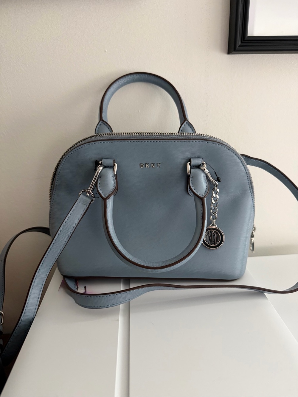 DKNY Powder Blue “Blue Moon” Dome Satchel with Chain Charm